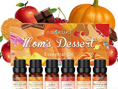 Aceite de postre esencial del kit Asakuki, caja de aceite natural dulce, calidad terapéutica, chocolate, pan de jengibre, manzana, cereza, pastel de calabaza, azúcar morena - 6x10ml Embalaje Deteriorado Online